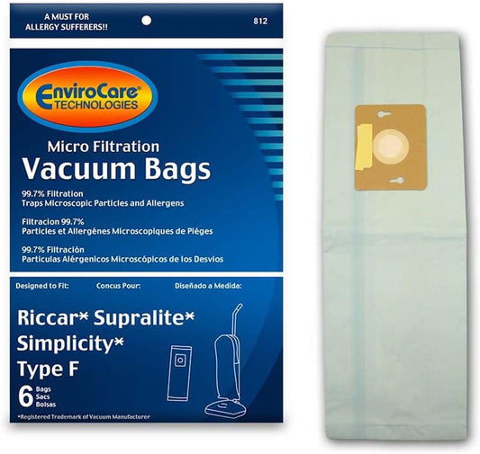 ENVIROCARE MICRO FILTRATION VACUUM CLEANER DUST BAGS FOR RICCAR SUPRALITE AND SIMPLICITY TYPE F UPRIGHTS, PACK OF 6