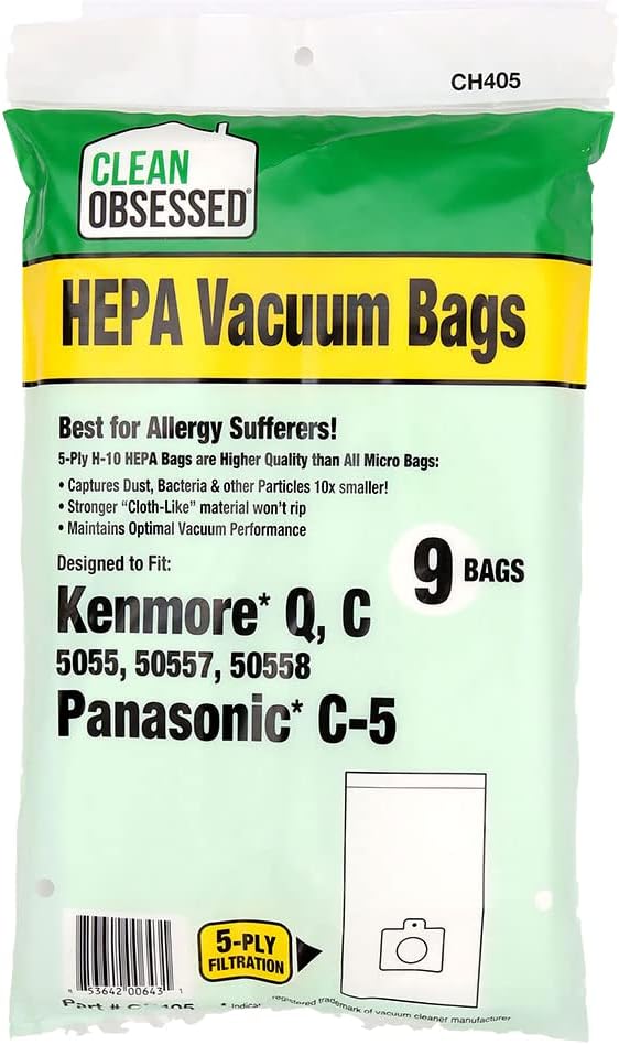 CLEAN OBSESSED H-10 HEPA BAGS REPLACEMENT FOR KENMORE CANISTER C/Q 50555, 50557, 50558 & PANASONIC TYPE C-5, PACK OF 9