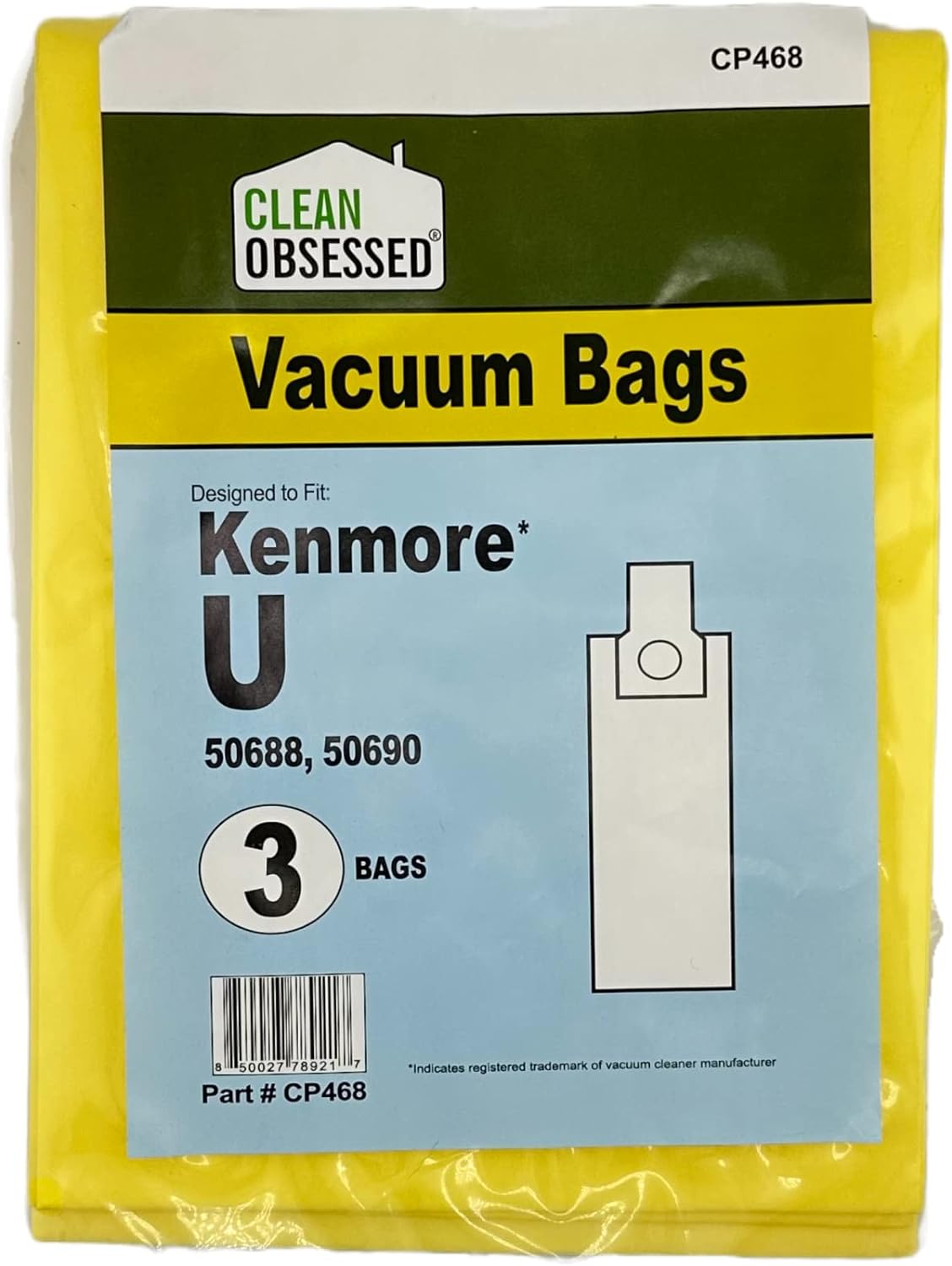CLEAN OBSESSED REPLACEMENT MICRO PAPER VACUUM BAGS FOR KENMORE 50688 50690 TYPE U, PACK OF 3