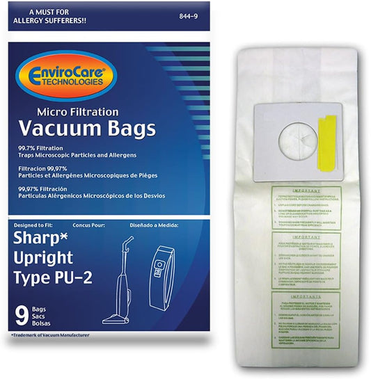 ENVIROCARE MICRO FILTRATION VACUUM CLEANER DUST BAGS MADE TO FIT SHARP PU-2 UPRIGHTS, PACK OF 9