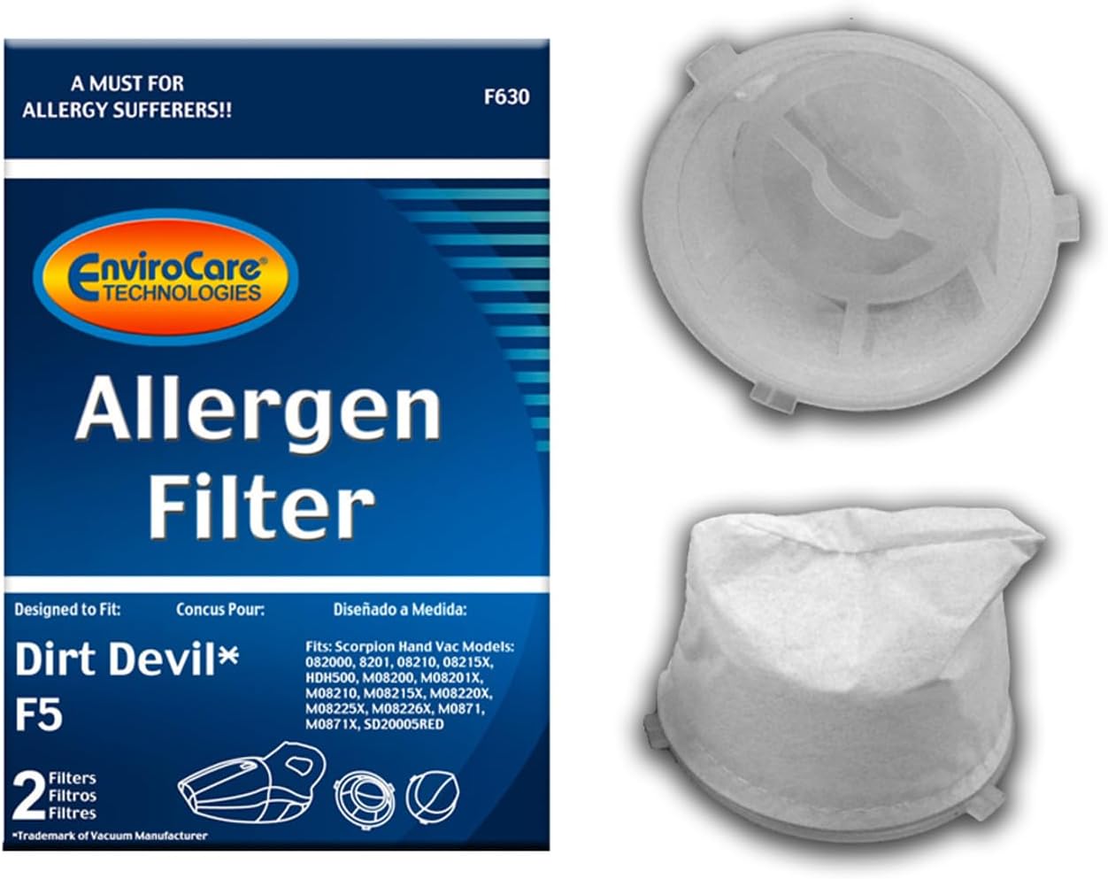 REPLACEMENT PREMIUM VACUUM CLEANER FILTERS MADE TO FIT DIRT DEVIL F5, SCORPION HAND VACS MODELS 08200, 8201, 08210, 08215, 2 FILTERS