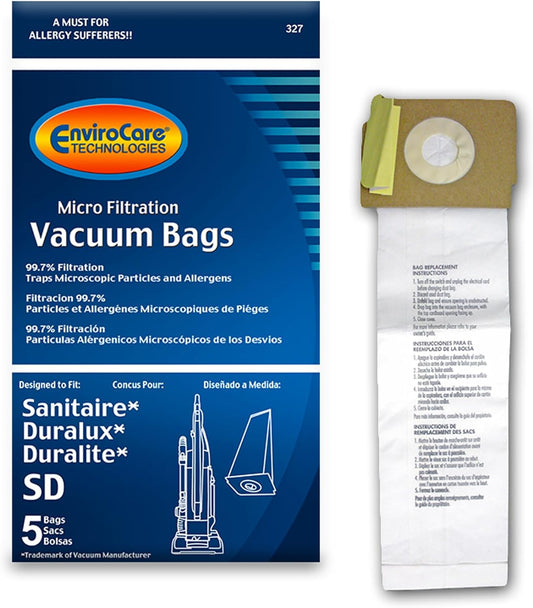 ENVIROCARE REPLACEMENT MICRO FILTRATION VACUUM CLEANER DUST BAGS COMPATIBLE WITH SANITAIRE, DURALUX, AND DURALITE STYLE SD, PACK OF 5