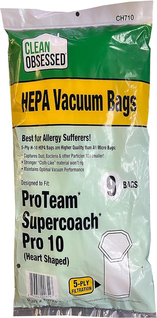 CLEAN OBSESSED H-10 HEPA VACUUM BAGS FITS PROTEAM SUPERCOACH PRO 10 (HEART SHAPED), PACK OF 9