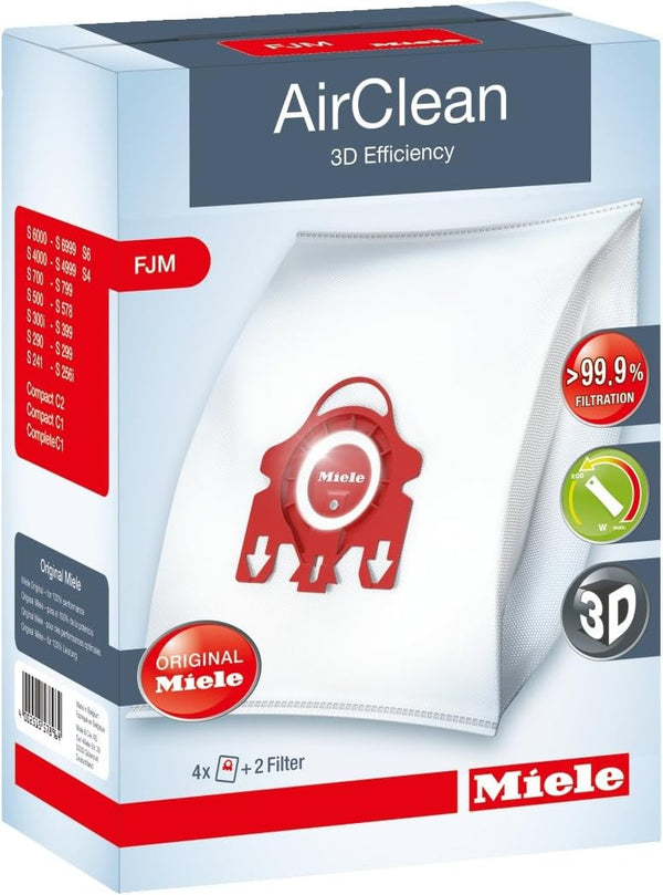 MIELE AIRCLEAN 3D EFFICIENCY DUST BAG, TYPE FJM, 4 BAGS & 2 FILTERS, WHITE