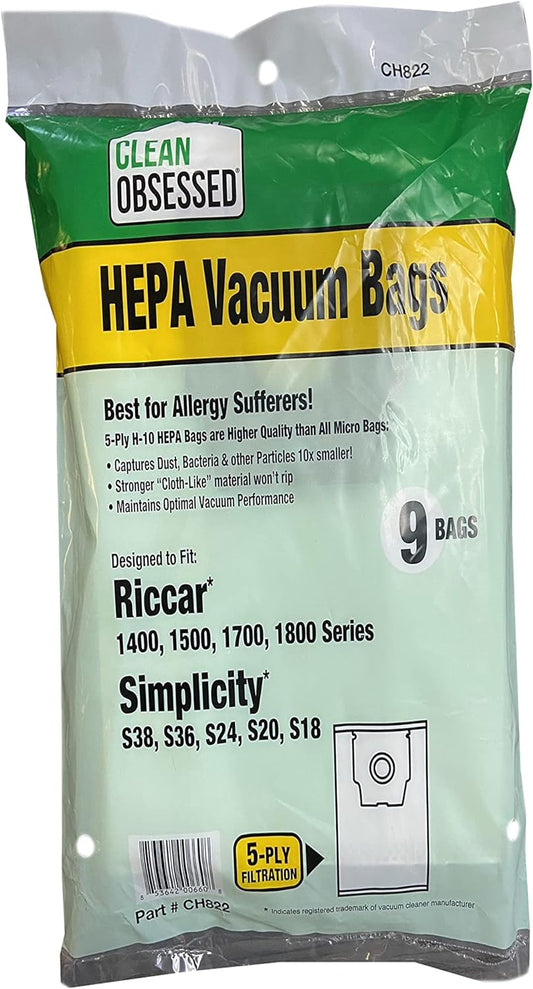 CLEAN OBSESSED H-10 HEPA VACUUM BAGS FITS RICCAR 1400, 1500, 1700,AND 1800 SERIES ALSO FITS SIMPLICITY S38, S36, S24, S20, & S18 MODELS, PACK OF 9