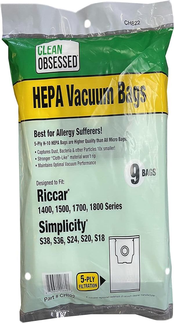 CLEAN OBSESSED H-10 HEPA BAGS FITS RICCAR 1400, 1500, 1700,AND 1800 SERIES ALSO FITS SIMPLICITY S38, S36, S24, S20, & S18 MODELS, PACK OF 9