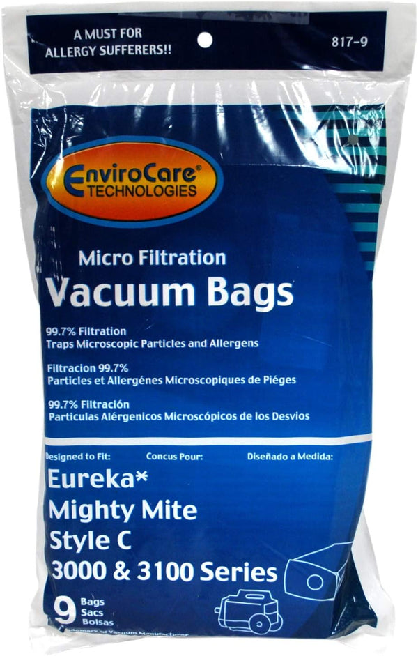 ENVIROCARE REPLACEMENT VACUUM BAGS FOR EUREKA MIGHTY MITE STYLE C 3000 AND 3100 SERIES VACUUMS, PACK OF 9