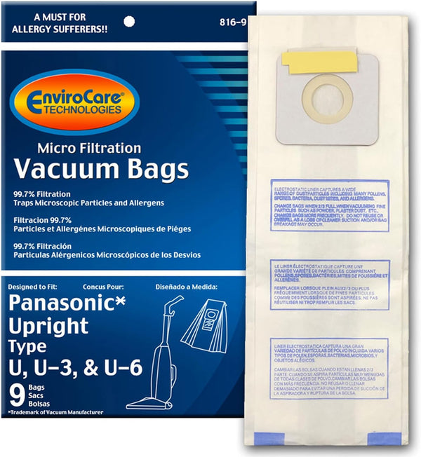 ENVIROCARE WHITE MICRO FILTRATION VACUUM CLEANER DUST BAGS FOR PANASONIC TYPE U, U-3, & U-6, PACK OF 9