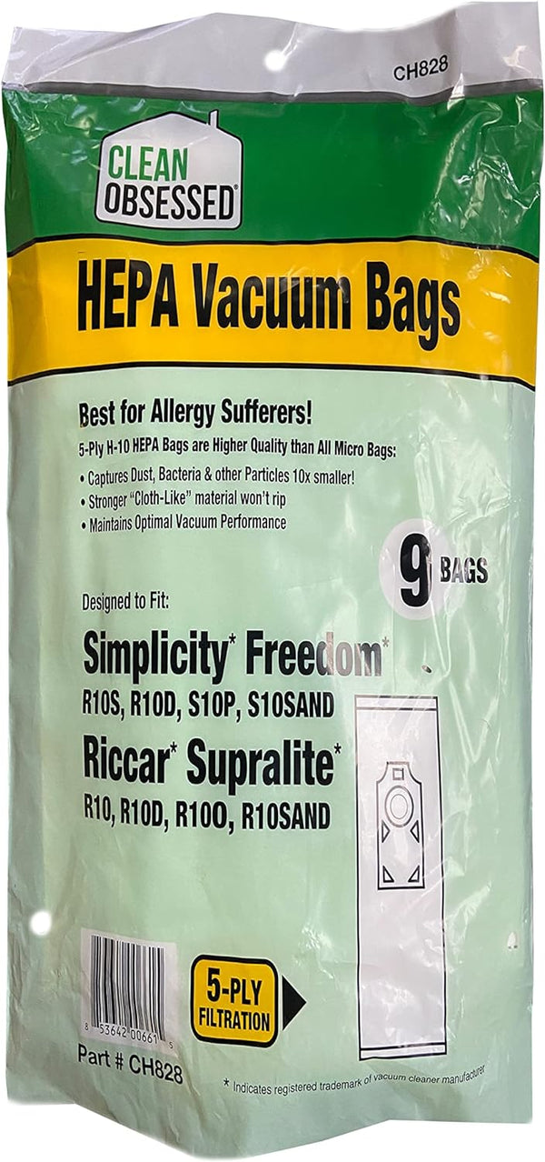 CLEAN OBSESSED H-10 HEPA BAGS FITS SIMPLICITY FREEDOM R10S, R10D, S10P, S10SAND & RICCAR SUPRALITE R10, R10D, R100, R10SAND, PACK OF 9