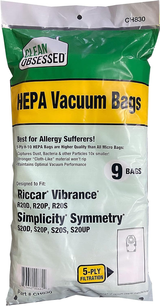 CLEAN OBSESSED H-10 HEPA VACUUM BAGS FITS RICCAR VIBRANCE MODELS R20D, R20P, R20S & SIMPLICITY SYMMETRY S20D, S20P, S20S, S20UP, PACK OF 9