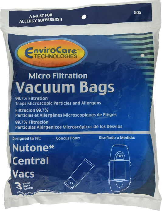 ENVIROCARE MICRO FILTRATION VACUUM CLEANER DUST BAGS MADE TO FIT NUTONE CENTRAL VACUUMS, PACK OF 3
