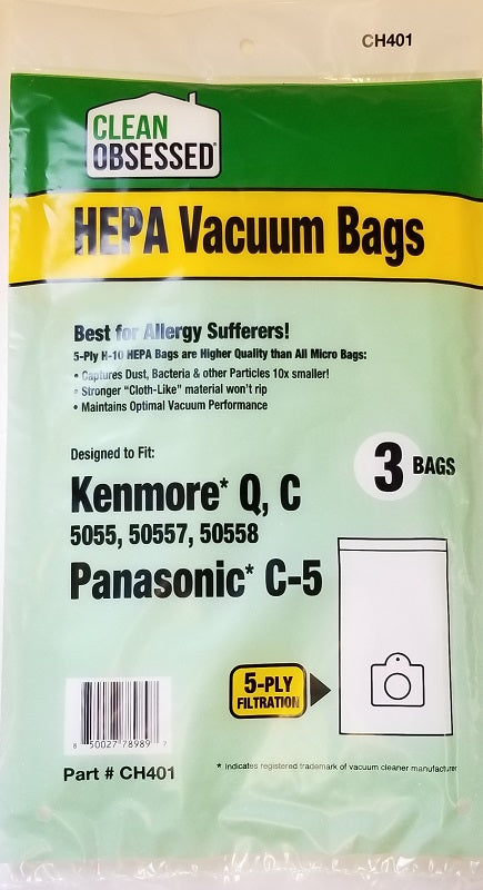 CLEAN OBSESSED REPLACEMENT H-10 HEPA VACUUM BAGS FITS KENMORE Q, C 5055, 50557, 50558, PANASONIC C-5, PACK OF 3 BAGS