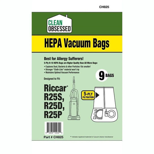 CLEAN OBSESSED H-10 HEPA VACUUM BAGS FITS RICCAR R25S, R25D & R25P, PACK OF 9