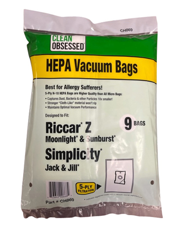 CLEAN OBSESSED H-10 HEPA VACUUM BAGS FITS RICCAR Z MOONLIGHT & SUNBURST AND SIMPLICITY JACK & JILL, PACK OF 9