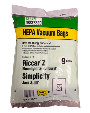 CLEAN OBSESSED H-10 HEPA BAGS FITS RICCAR Z MOONLIGHT & SUNBURST AND SIMPLICITY JACK & JILL, PACK OF 9