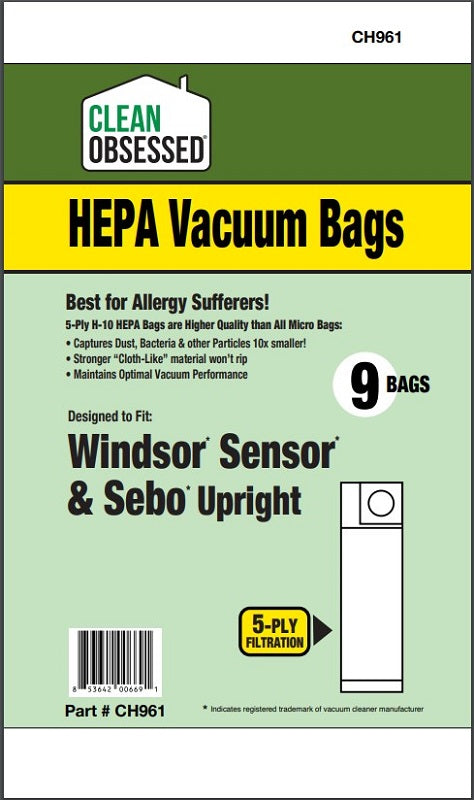 CLEAN OBSESSED H-10 HEPA VACUUM BAGS FITS WINDSOR SENSOR & SEBO UPRIGHT, PACK OF 9