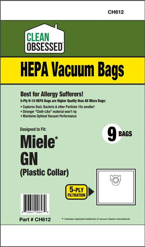 CLEAN OBSESSED H-10 HEPA VACUUM BAGS TYPE MIELE G/N, PACK OF 9 BAGS