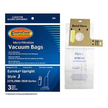 ENVIROCARE MICROFILTRATION VACUUM BAGS FOR EUREKA UPRIGHT STYLE J, PACK OF 3