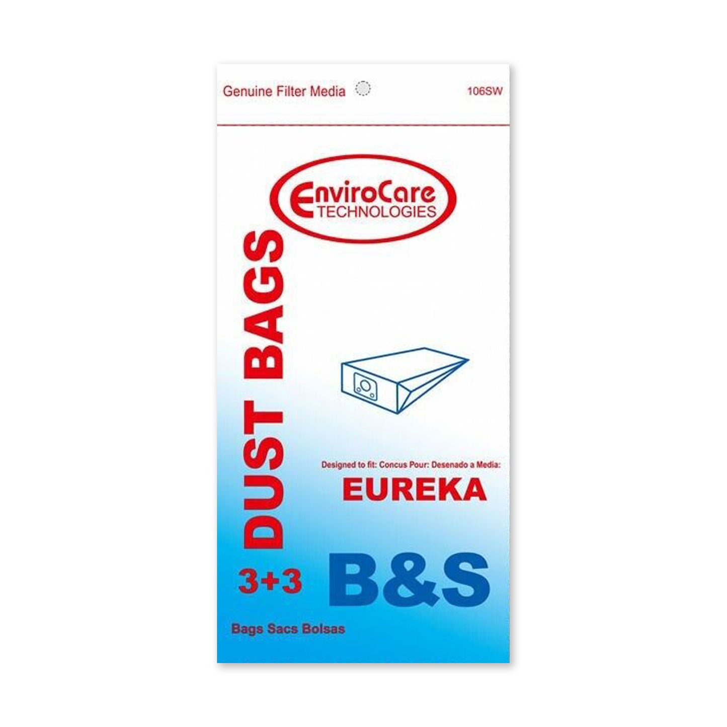 ENVIROCARE VACUUM CLEANER DUST BAGS FOR EUREKA CANISTERS STYLE B&S, PACK OF 3