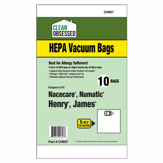 CLEAN OBSESSED NACECARE HENRY, JAMES HEPA VACUUM BAGS, PACK OF 10